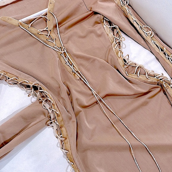 NWT XS/S gold tan satin cut out lace up Kylie Jenner style maxi dress velvet - Picture 1 of 13